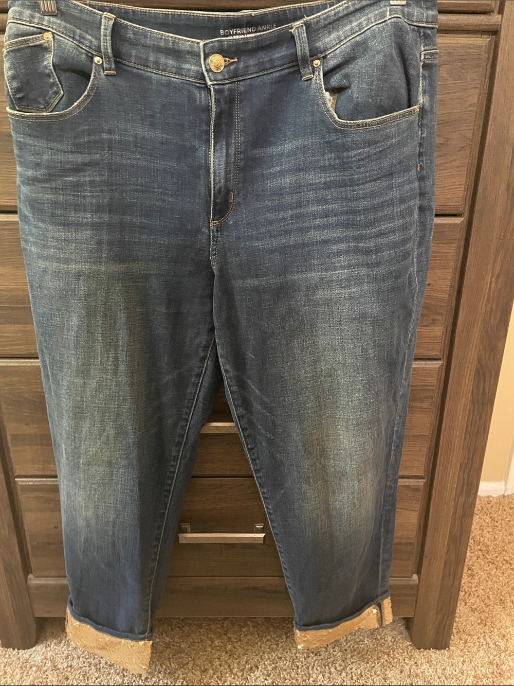 Chico’s Boyfriend Cut Cropped Jeans with gold sequin cuffs! New without tags!